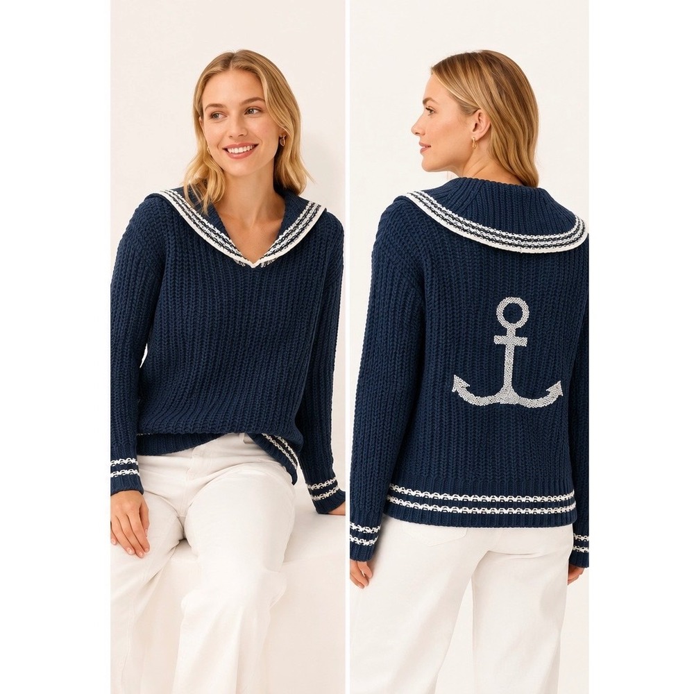 Marled Womens Navy Blue Sailor Collar Anchor Knit Sweater NWT M